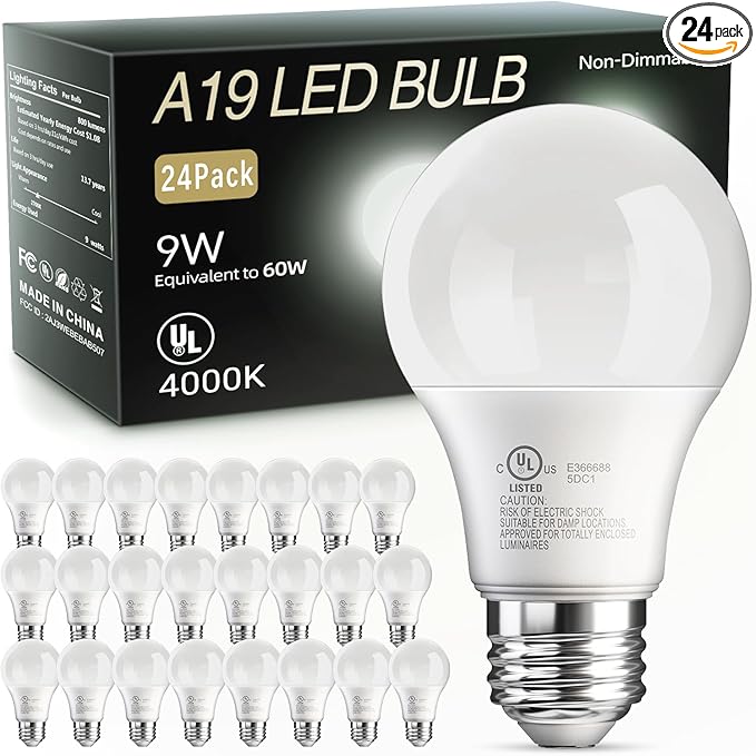 TJOY 24 Pack A19 LED Light Bulbs, 60 Watt Equivalent, Efficient 9W, Cool White 4000K, E26 Standard Base, Neutral White Light Bulb, Non Dimmable Energy Saving for Home, 800LM, 120V, 80 CRI, UL Listed