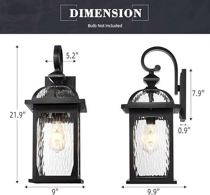 zeyu Large Outdoor Wall Fixture Lights, 22 Inch Exterior Porch Wall Lantern for Patio Porch, Die-Cast Aluminum with Water Ripple Glass, Black Finish, ZD100B-M BK-WP