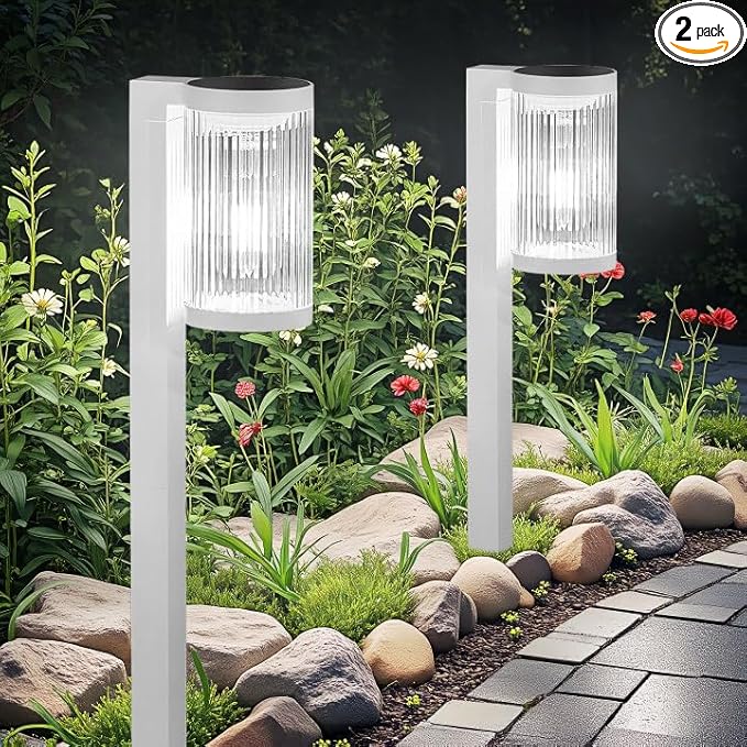 Solar Pathway Lights Outdoor, 2 Pack Upgraded Outdoor Solar Lights for Outside Super Bright Up to 12Hrs, IP65 Waterproof Solar Garden Lights for Yard Landscape Path Walkway Decor(Cool White)