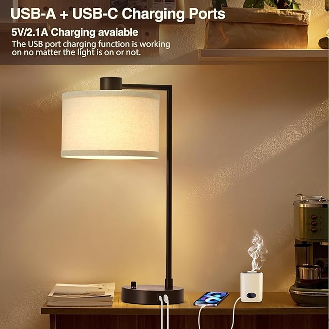 Luvkczc Table Lamp for Bedroom Set of 2 with USB C+A Ports - Fully Stepless Dimmable Bedside Lamp with Linen Lampshade - Contemporary Lamp for Living Room Reading Office, 2 Bulbs Included (Red Brown)