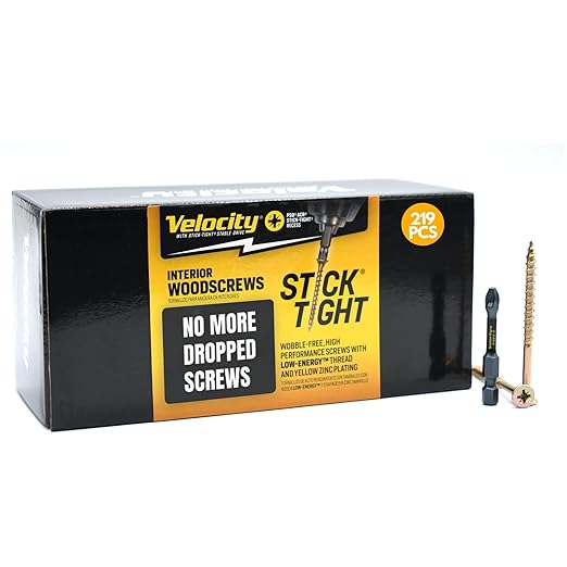 Velocity Interior 2 3/4 Inch Wood Screws Contractor Pack (Size #10, 219 Pcs) – Self Tapping Screws with Phillips Bits, Stick Tight Technology, Carbon Steel with Zinc Plating, Durable Storage Organizer