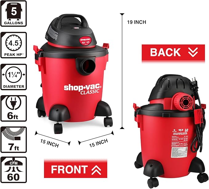 Shop-Vac 5 Gallon 4.5 Peak HP Wet/Dry Vacuum, Portable Heavy-Duty Shop Vacuum 3 in 1 Function with Attachments for House, Garage, Car & Workshop, 5971536