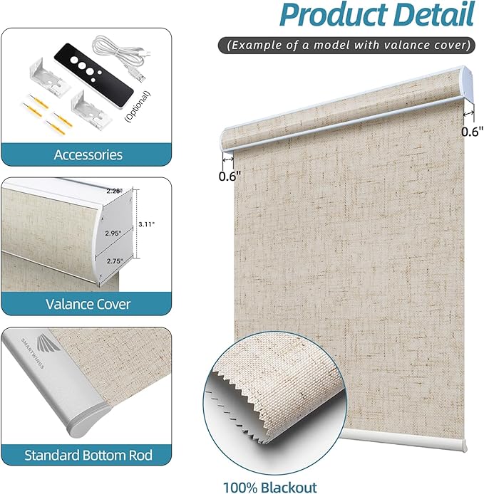 SmartWings Motorized Smart Blinds with Remote, Custom Automatic 100% Blackout Roller Shade Compatible with Alexa/Homekit/Google, Electric Smart Blinds for Indoor Windows, Linen Stone