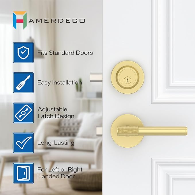 Amerdeco Front Door Lock Set with Double Cylinder Deadbolt, Black Exterior Entry Door Lever, Heavy Duty Entry Door Locksets for Left or Right Hand Exterior Door（Brushed Gold 2 Pack）