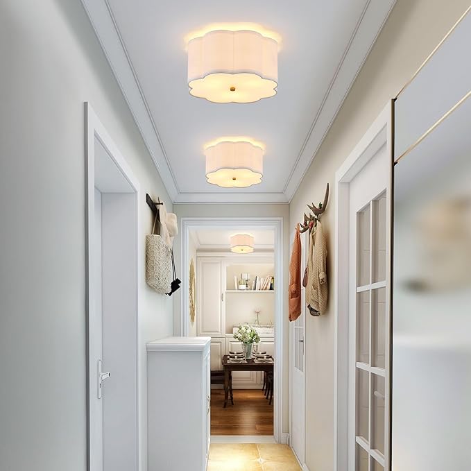 Modern Drum Semi Flush Mount 3-Light Gold Ceiling Lighting Vintage Linen Lamp for Laundry, Kitchen, Basement, Dining, Bedroom