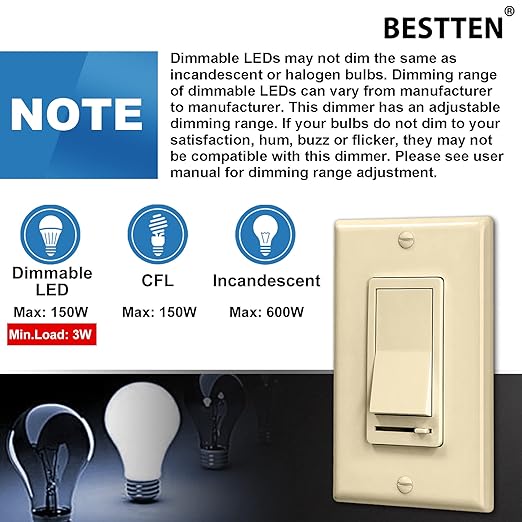 BESTTEN 2 Pack Almond Dimmer Wall Light Switch, Compatible with Dimmable LED, CFL, Incandescent and Halogen Bulb, Single Pole or 3-Way Dimmer Switches, 120VAC, Decorator Wall Plate Included,