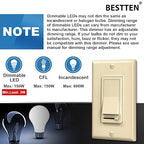 BESTTEN 10 Pack Almond Dimmer Light Switch, 3 Way or Single Pole Dimmer Switches, for Dimmable LED, Halogen and Incandescent Bulbs, 120V, Decorator Wall Plate Included, UL Listed