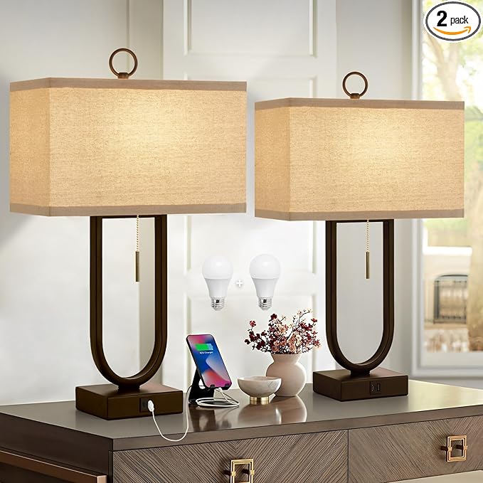 Luvkczc Bedside Lamps Set of 2, 24'' Tall Table Lamps for Night Stands with USB C+A Ports, 3000K LED Bulbs - Modern Desk Lamp for Bedroom, Living Room, Office, Beige Lampshade