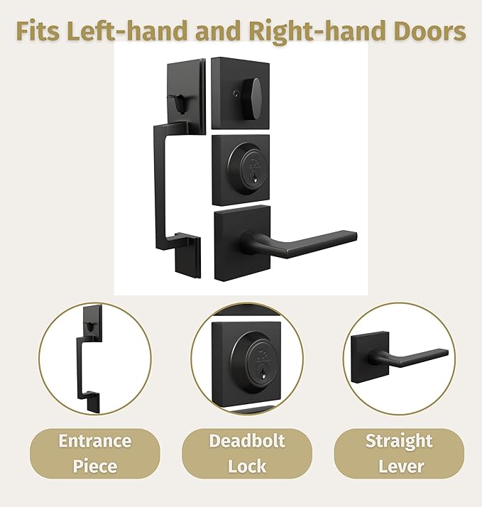 Mega Handles - TOBELLE Black Entry Door Handleset - Single Cylinder Handleset with Lever for Entrance and Front Doors - Modern Door Handles for Left and Right-Handed Doors - Straight Handle