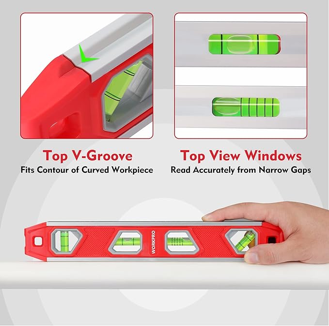 WORKPRO 12 Inch Torpedo Level, Magnetic Small Leveler Tool, Plumbing Level with Pitch Vial, Aluminum Reinforced, 4 Bubbles, V-Groove for Conduit Bending