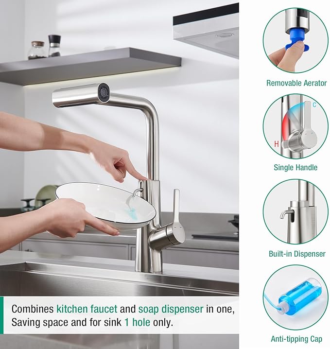 CREA Waterfall Kitchen Faucets with Soap Dispenser Built-in,4 Modes Bar Sink Faucet with Pull Down Sprayer,Single Handle 1 Hole Utility Faucet for Laundry Brushed Nickel Stainless Steel