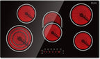 ThermoMate 36 Inch Electric Cooktop 5 Burners, 36" Built in Radiant Electric Stove Top, 8500W Ceramic Cooktop with Touch Control, 9 Heating Level, Chlid Lock & Timer, 220-240V Hard Wire ETL Listed
