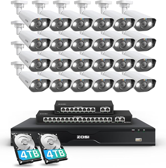 ZOSI 32CH 4K PoE Security Camera System, Face Person Vehicle Detection, 2 Way Audio, 24 x 8MP Spotlight Outdoor Indoor IP Cameras, 32 Channel 4K NVR with 8TB HDD for 24/7 Recording