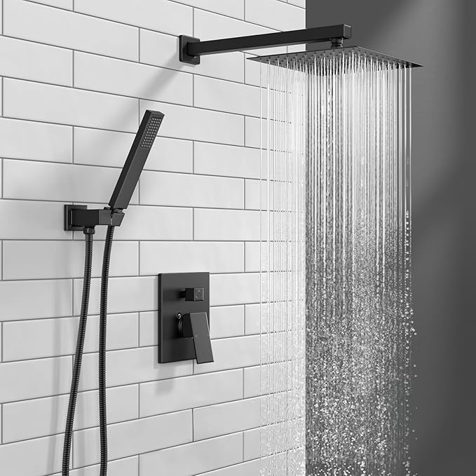 Lava Odoro Modern 2-Setting Square Shower System with Rain Shower Head and Handheld Spray Black, Rainfall Shower Faucet Set Chrome, Shower Valve and Trim Kit, Polished Chrome SF103-MB