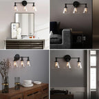 Phansthy 3-Light Wall Sconces Antique Brass Vanity Light, Industrial Wall Lamps with On Off Switch and Clear Glass Lampshade, Vintage Wall Lighting for Bathroom Living Room (Black, Cone Shade)