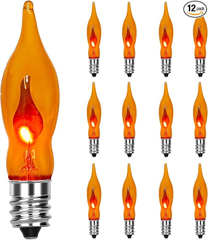 SUNSGNE E12 Flickering Flame Orange Night Light Bulbs, C18 String Light Bulbs for Halloween Christmas Party Decor - 1Watt/120 Volts/E12 Base(12 Pack)
