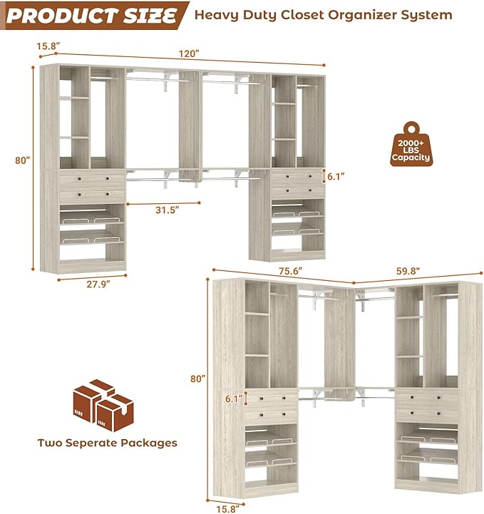 10FT Closet System with 4 Drawers, 120" Closet Organizer System with 6 Hanging Robs & Reversible Hanging Shelving, Closet Systems for Walk-in Closets, Load 2000+LBS, Greige Oak 2 Pack