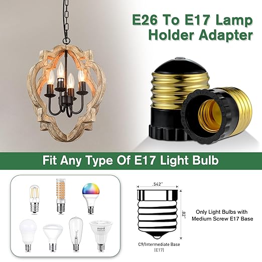 E26 to E17 Light Socket Adapter, Medium Screw E26 to Intermediate E17 Bulb Socket Adapter Converter, UL Listed (Black, 4)