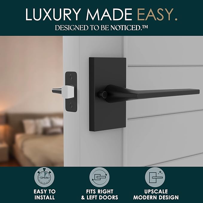 Mega Handles Apex Privacy Door Handle - 1 Pack Reversible Interior Black Door Handle, Heavy Duty Bed & Bath Door Handles with Privacy Door Lock, Fits All Standard Doors - Matte Black