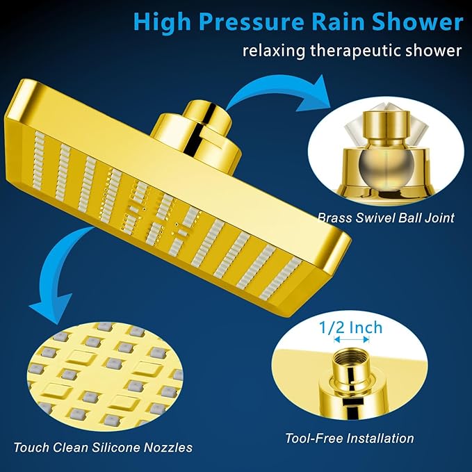 Voolan High Pressure Rain Shower Head - Luxury Modern Look - The Adjustable Replacement For Your Bathroom Showerhead - 6" Square High Flow Pressure Boosting Showers (Gold)