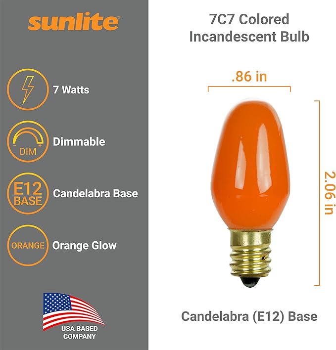 Sunlite 01057 7C7 Incandescent Bulb, 7 Watt, Candelabra E12 Base, C7 Small Night Light, Colored Bulb, Orange, 12 Count