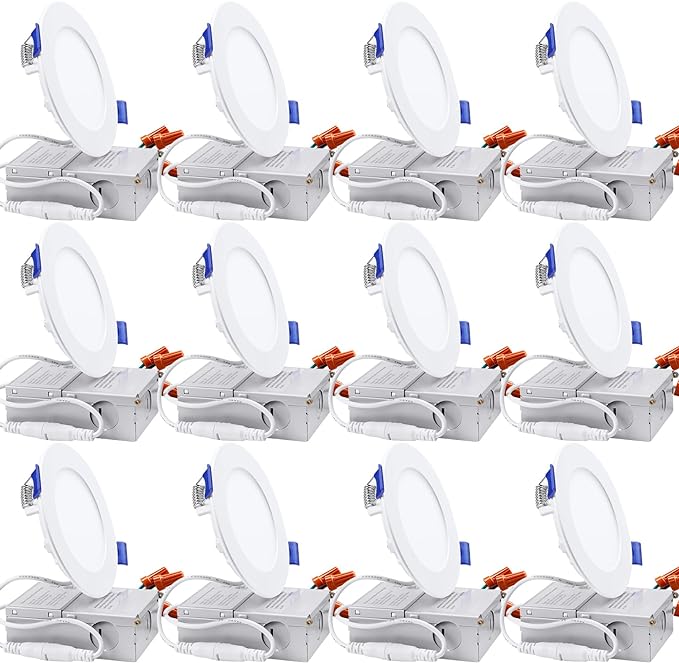 TORCHSTAR 12-Pack 4 Inch Ultra-Thin LED Recessed Lighting with J-Box, 3000K Warm White, 10W Dimmable 700lm Brightness LED Downlight, ETL & Energy Star Listed