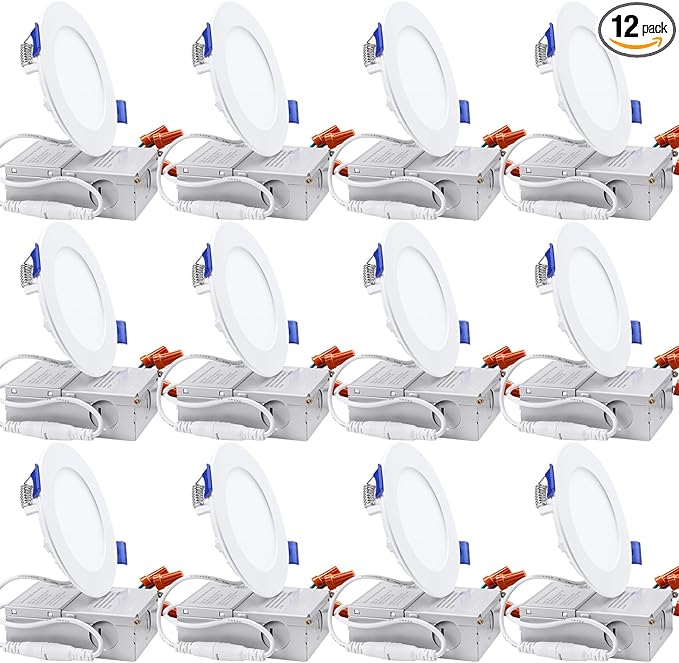 TORCHSTAR 12-Pack 4 Inch Ultra-Thin LED Recessed Lighting with J-Box, 4000K Cool White, 10W Dimmable 700lm Brightness LED Downlight, ETL & Energy Star Listed