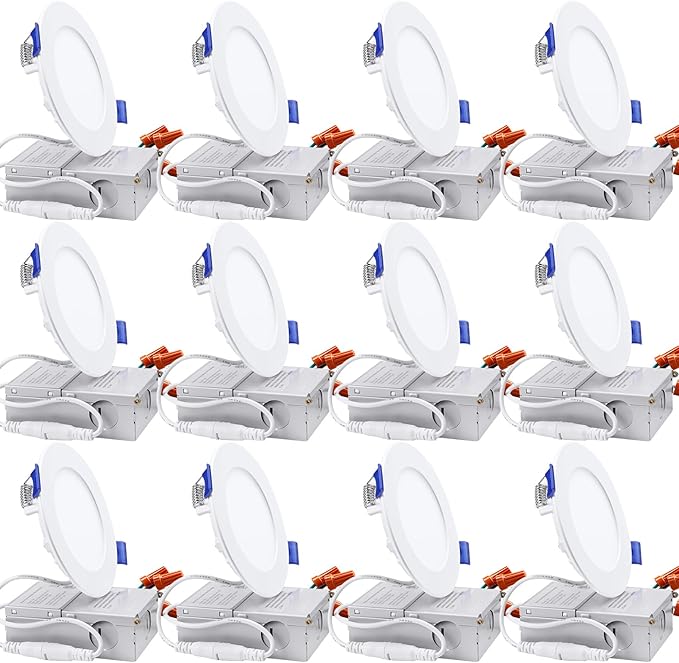 TORCHSTAR 12-Pack 4 Inch Ultra-Thin LED Recessed Lighting with J-Box, 5000K Daylight, 10W Dimmable 700lm Brightness LED Downlight, ETL & Energy Star Listed