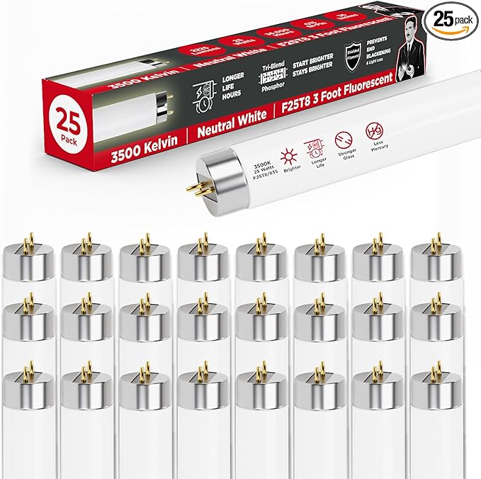 GoodBulb 25W 36 Inch T8 Fluorescent Light Bulb 3500K Soft White Light Color, Medium Bi-Pin Base 2225 Lumens 86 CRI 36000 Life Hours Instant/Programmed Start 25 Bulbs Pack