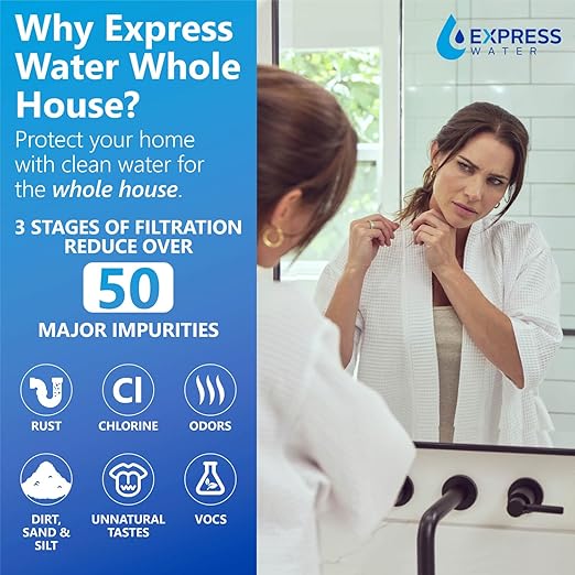 Express Water Whole House Water Filter System | ESSENTIAL | 3 Stage Whole Home Filter, Top-Tier Filters Produce Overachieving H2O, Significantly Reduces Chlorine & Sulfur Smell/Taste, Healtheir Skin