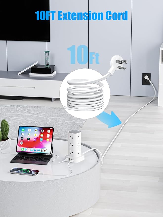Tower Power Strip with 15W Wireless Charger, 10FT Flat Plug Extension Cord with Multiple Outlets, 12 AC Outlets, 4 USB Ports (2 USB C) Charging Station Surge Protector for Office Home Dorm Room(White)