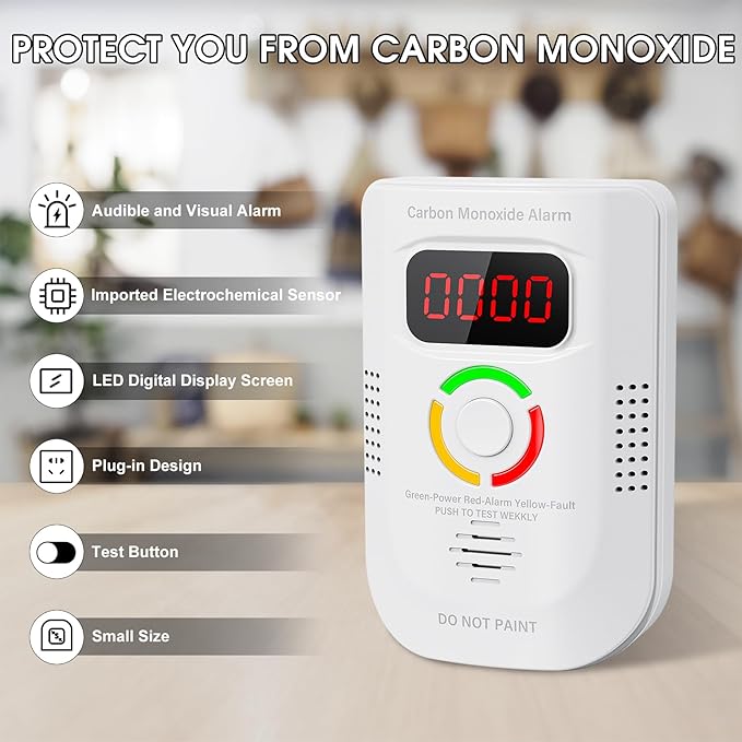 2 Pack Carbon Monoxide Detector, Plug-in Wall Carbon Monoxide Gas Detector, Portable Carbon Monoxide Detector with Digital Display LED, CO Alarm Monitor with Audible and Visual Alarm Test Mute Button