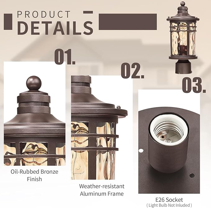 Darkaway Outdoor Post Light,2pcs Lamp Post Light Fixture, Waterproof Aluminum Housing with Amber Ripple Glass for Garden Patio Pathway Entry