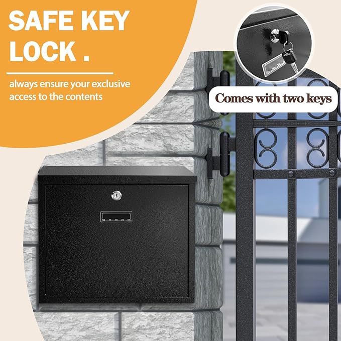 Wall Mount Mailbox, Black Powder Coated Steel, Locking Security Mailbox for Letters and Parcels, 14 x 3.8 x 12.5 Inches