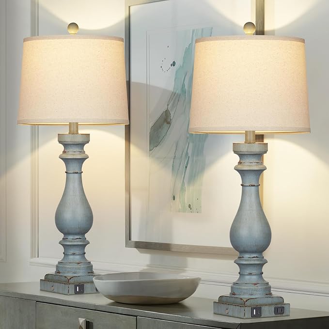 29" Tall Table Lamp for Living Room Set of 2,Coastal Bedside Nightstand Lamps with USB C+A Ports & AC Outlet,3-Way Dimmable Touch Control Retro Blue Desk Lamp for Bedroom,Color 3