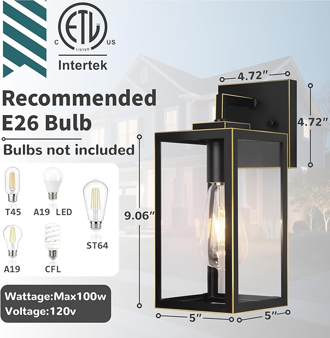 Outdoor Wall Light Fixture, Black Exterior Lantern with Clear Tempered Glass for Front Porch, Gold Trim Design, 2-Pack, E26 Base, Lanterns for Lighting, Lights for Wall mounting