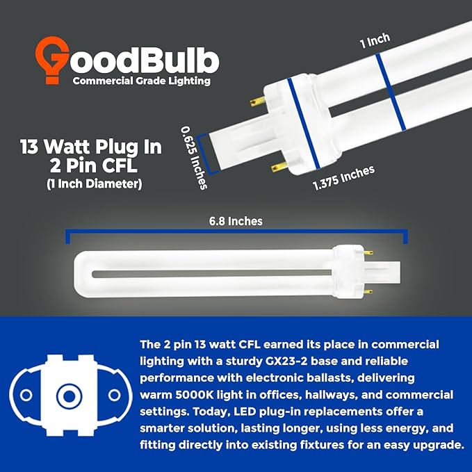 GoodBulb 13 Watt CFL Light Bulbs 2 Pin GX23 Base 5000K Daylight 13W High Output 800 Lumens Single Tube Compact Fluorescent Light Bulbs Plug-in 10 Pack
