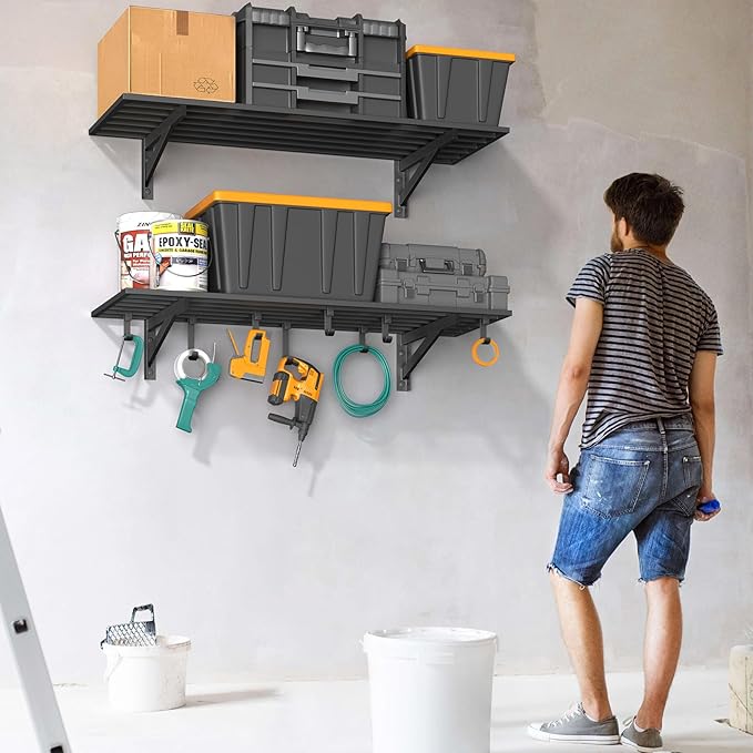 2-Pack 1.5x4ft Garage Shelving Wall Mounted, 1.5' x 4' Heavy Duty Garage Storage Shelves with Hooks, 400LB Capacity