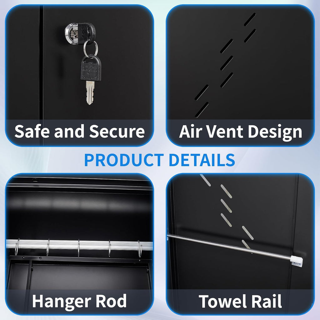 71'' Metal Storage Cabinet with Doors, Multifunctional Bathroom/Garage Lockable Steel Cabinet, Broom Closet Storage with Hanging Rod (Style-1)