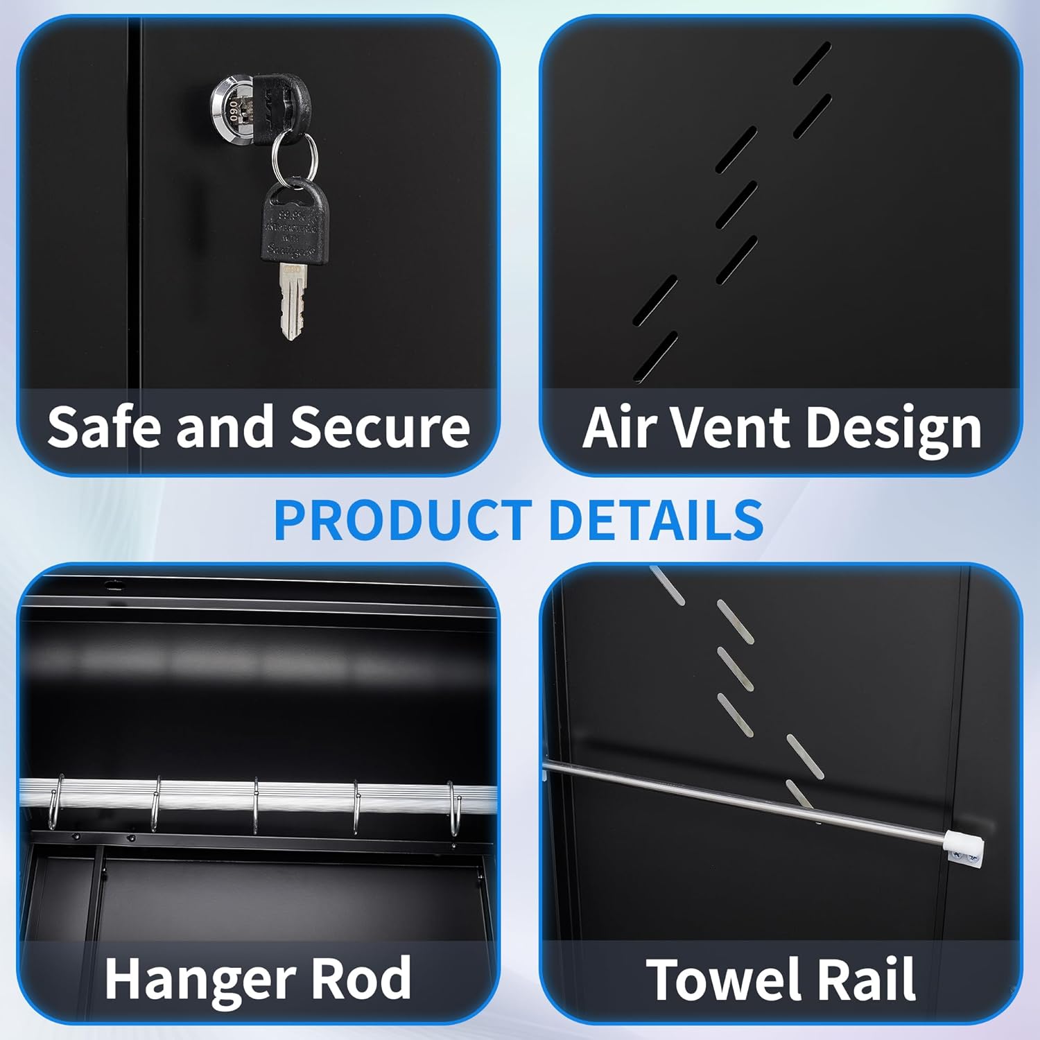 Metal Storage Cabinet with Lock Door, 75" Tall Garage Storage Cabinet with Hanging Rod, Broom Closet Bathroom Storage Cabinet, Cleaning Tool Cabinet