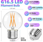 G16.5 LED Bulb Dimmable, 6W, 60 watt Equivalent, 2700K Warm White E26 Globe Bulb, Round Edison Bulbs for Ceiling Fan, Pendant, Chandeliers, 90+CRI 600LM, 6 Pack