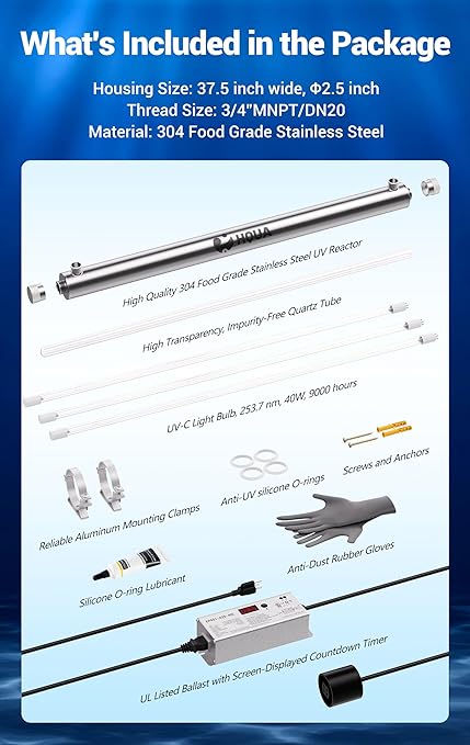 HQUA-OWS-12T 120V 40W 12GPM Whole House Ultraviolet Water Purifier Filter, + 2 Extra UV Bulbs,with Lamp Rated Life 365 Days Ballast