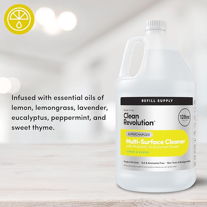 Clean Revolution SuperCharged Multi-Surface Cleaner, Non-Toxic, Eco-Friendly & Plant-Based, Ready to Use, Lemon & Herbs, 128 Fl Oz