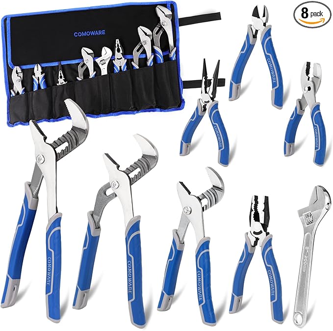 COMOWARE Large Pliers & Wrench Set 8Pcs with Pouch(12", 10", 8" Groove Joint Pliers, 8" Adjustable Wrench, 8" Linesman, 6" Long Needle Nose, 6" Slip Joint, 6" Diagonal) for Home & DIY
