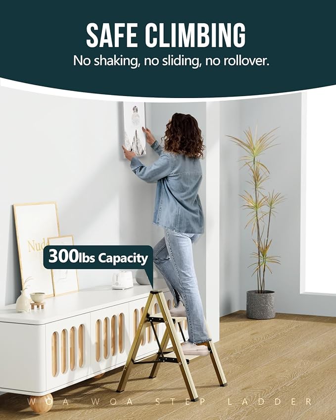 WOA WOA Step Ladder, 2 Step Foldable Step Stool with Widen Pedals, Portable Aluminum Stepladder, Compact Ladder for Space Saving, Home Ladders for Kitchen(300lbs, Gold)