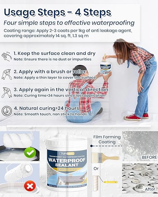 Transparent Waterproof Coating, TUFINEIN 35oz Invisible Waterproof Agent Indoor & Outdoor Sealant Water-Based Clear Sealant Roofs, Walls, Garden, Terraces
