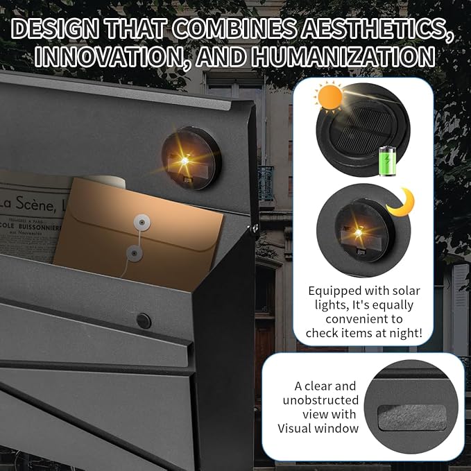 Wall Mount Mailbox, Large Capacity Mailbox for House, Visibility Galvanized Steel Rust-Proof Metal Post Box Drop, Mailboxes for Outside, 15.74"×9.84"×4.33" Solar Lanterns Black