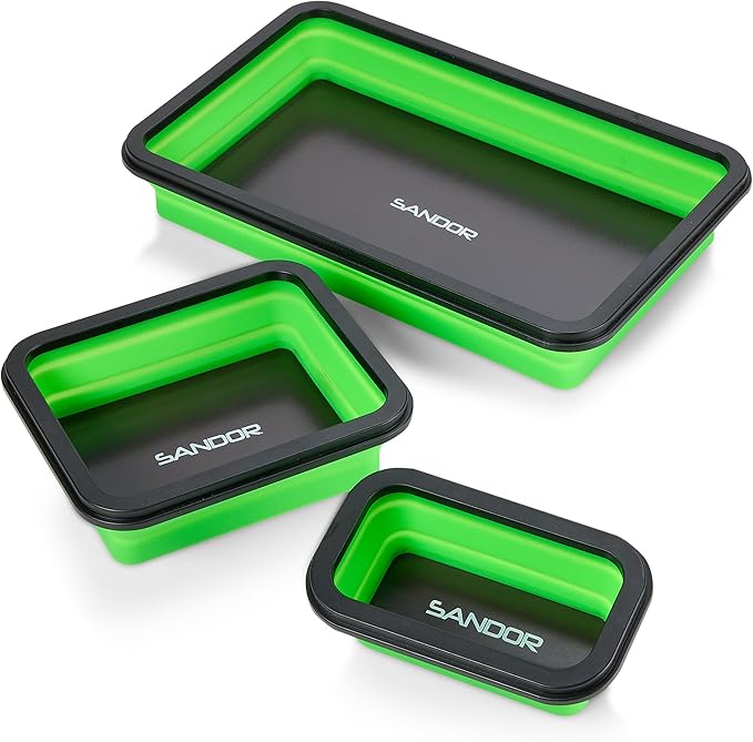 Collapsible Magnetic Parts Tray Set - 3 Different Size Tool Trays for Screw, Bolts, Nuts, Washers, Pins and Other Small Metal Parts, Mechanic Tool Gifts for Men - Green