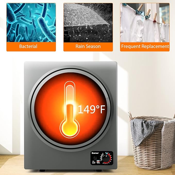 COSTWAY Compact Laundry Dryer, 110V Electric Portable Clothes Dryer with Stainless Steel Tub, Control Panel Downside Easy Control for 4 Automatic Drying Mode (Stainless Steel-Grey)
