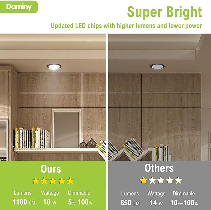 DAMINY 24 Pack 6 Inch Black LED Recessed Lighting with Junction Box,5CCT,Ultra-Thin Recessed Light,10W 1100lm, Dimmable Canless Wafer Ceiling Light, High Brightness - ETL